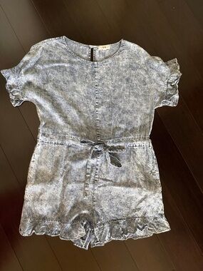 Denim-Look Tie-Waist Romper - Light Blue